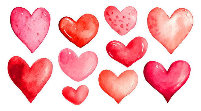 Watercolor hearts collection in vibrant pinks and reds, ideal for valentine's, anniversaries or weddings, artistic textured clip art on transparent background for cards and invitations