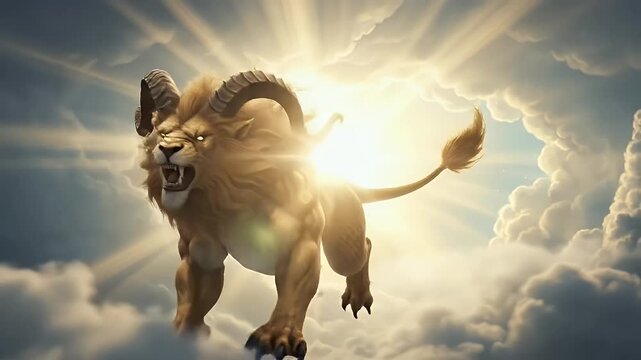 Mythical horned lion creature roaring amidst heavenly clouds and divine light beams