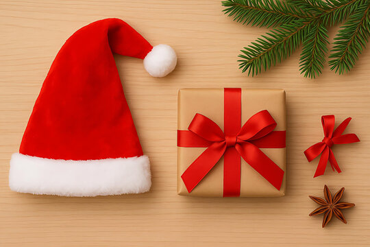 Christmas Santa hat and gift box with red ribbon on wooden background