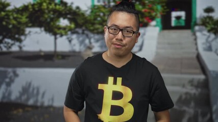 Man in bitcoin t shirt wearing glasses and resting head on hands while standing on building steps; sleepy crypto enthusiast.