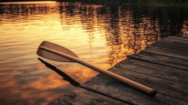 Wooden oar resting on a weathered dock at sunset, reflecting golden light on the calm water