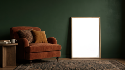 An attractive rust-colored armchair with decorative cushions and a side table displaying books and cups beside a transparent frame.