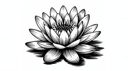 Black and white detailed water lily flower illustration