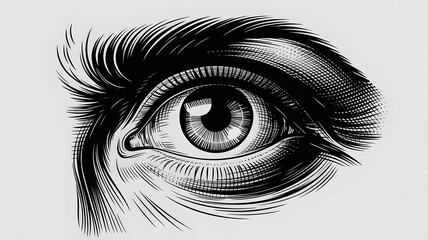 Black and white detailed human eye engraving illustration