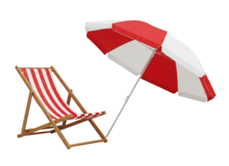 Red and white striped beach chair and umbrella transparent background cutout png