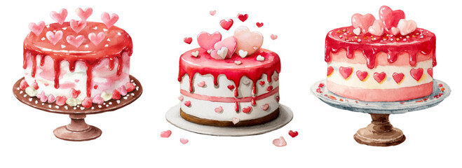 Valentine's heart shaped cakes with dripping pink icing and tiny heart sprinkles, sweet romantic desserts on transparent background for love themed celebrations and special occasions