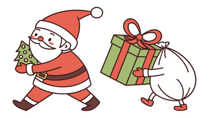 Cute cartoon  of Santa Claus with gifts by the Christmas tree