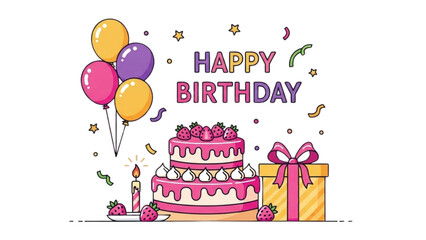 A festive Happy Birthday banner illustration featuring a celebratory cake, gift boxes, and colorful balloons