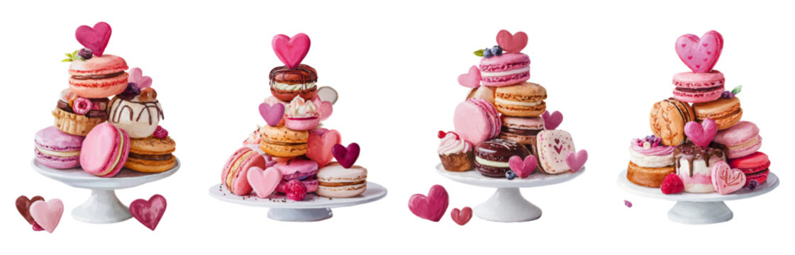 Delicate watercolor dessert towers displaying sweet macarons, cupcakes, and cookies topped with pink hearts, symbolizing love and romance for valentine's day celebrations - Powered by Adobe