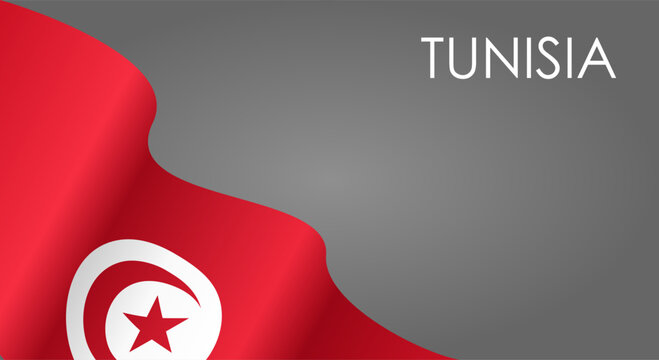 Tunisian flag waving on gray background layout. Vector illustration.
