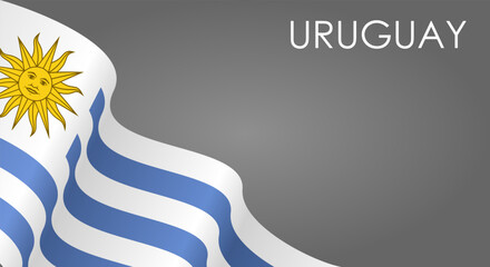 Uruguayan flag waving on gray background layout. Vector illustration.