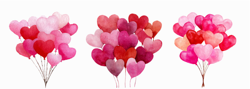 Watercolor heart balloons in pink and red floating together on transparent background, romantic festive illustration ideal for valentines day, wedding, anniversary or greeting cards