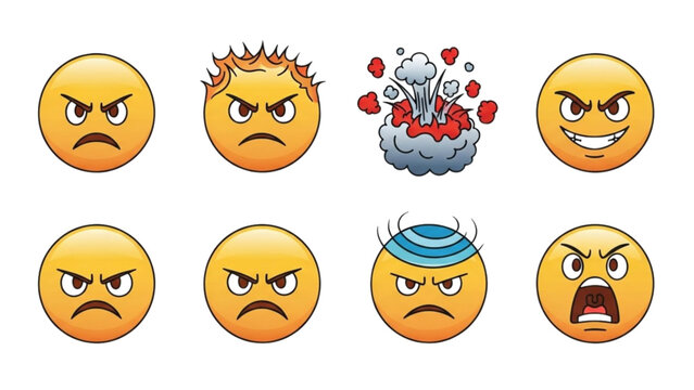 Set of expressive angry face icons from annoyed to explosive rage
