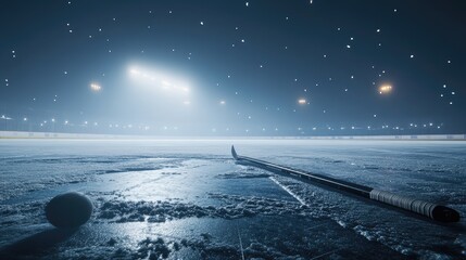 A hockey puck and stick lie on a frozen rink under the night sky with stadium lights