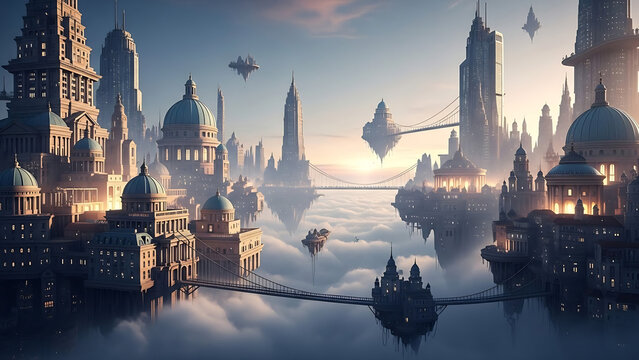 Epic Digital Art of Futuristic and Fantasy Floating City Above the Clouds at Sunset