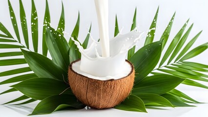 Coconut milk splash with palm leaves on a white background for tropical vibe