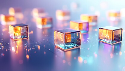 Close-up of several transparent cubes with glowing interiors, floating above a circuit board, illuminated with futuristic lighting.