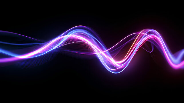 Light trail wave, fire path trace line, car lights, optic fiber and incandescence curve twirl, abstract background in blue and purple neon glow colors on white background Stock Illustration 