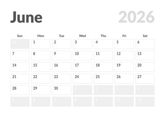 Monthly page Calendar Planner Template design of June 2026. Vector layout of calendar with week start Sunday for Scheduling. Page for size A4 or 21x29.7 cm