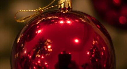 Close-up of a shiny red Christmas ornament reflecting lights and surroundings, hanging from a golden string.