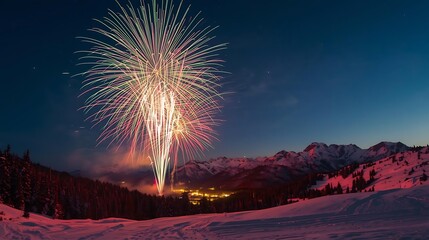 New Year 2026 fireworks exploding over snowy mountains, vibrant colors, long-exposure photography effect, ultra-sharp details.