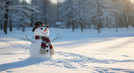 A smiling snowman with a hat and scarf stands in a snowy field, with trees in the background.