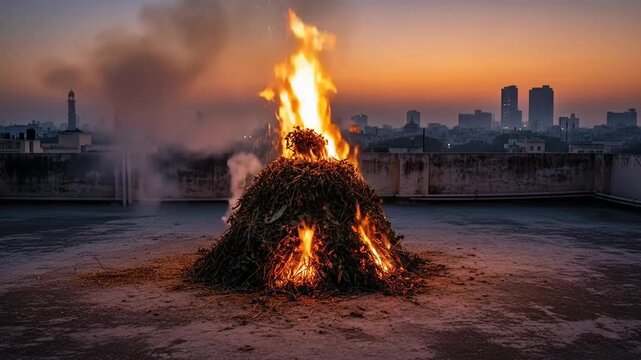 Holika Dahan Ritual for Chhoti Holi Celebrated on a Rooftop with City Skyline Sunset Background