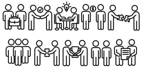 Business cooperation line icons set, partnership, teamwork, meeting, negotiation, collaboration, idea sharing, contract, agreement, puzzle solution, leadership, award, corporate communication.