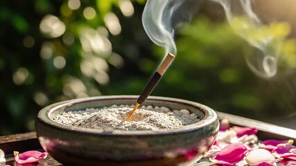 Burning incense stick emitting smoke with flower petals outdoors