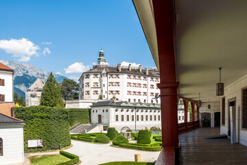 Ambras Castle View from Covered Walkway with Wooden Columns in Innsbruck Austria
