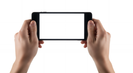 Two Adult Hands Horizontally Hold A Black Smartphone With A Black Screen Against A Transparent Background Holding Mobile Phone Technology Device Communication
