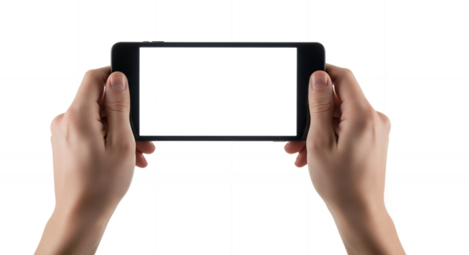 Two Adult Hands Horizontally Hold A Black Smartphone With A Black Screen Against A Transparent Background Holding Mobile Phone Technology Device Communication