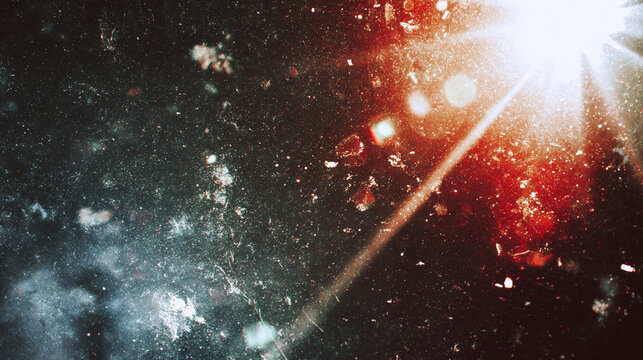 Retro light leak overlay with scratches, dust, blur, and red bokeh on a dark grunge background, creating a cinematic, vintage, and textured abstract film effect. - Powered by Adobe