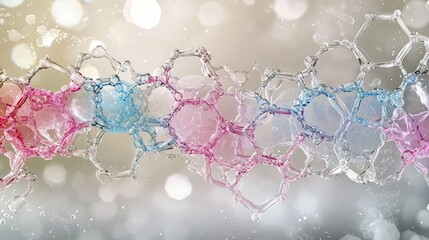 An abstract image showing a molecular structure created with colorful bubbles, with a blurred bokeh background.