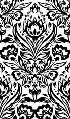 Vector monochrome floral pattern with tracery flowers on white background. Decorative seamless texture with black silhouette stylized flowers