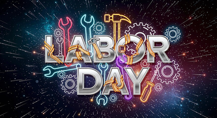 Labor Day: A Powerful Tribute Featuring Metallic Typography, Glowing Tools, and Bursting Background Honoring Workers and Industrial Strength