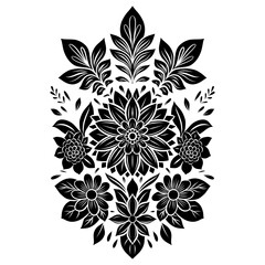 Vector monochrome floral illustration with flowers and leaves. Symmetrical folk art style. Black silhouette of chamomile