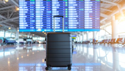 空港案内板とキャリーケースの旅情ターミナル構図