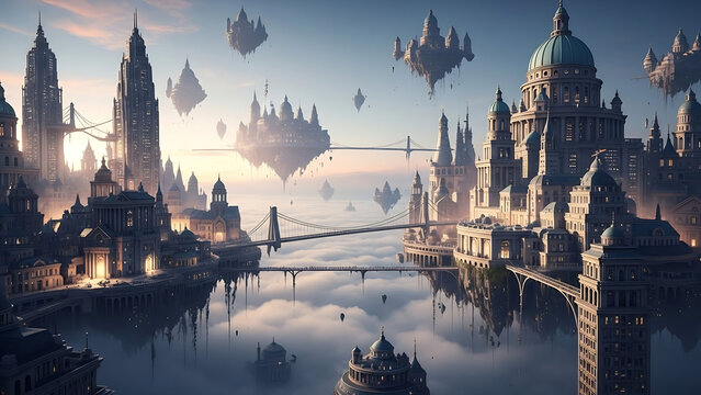 Epic Fantasy Steampunk or Magic Floating City Landscape at Dawn