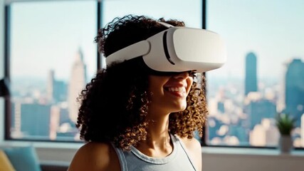 Excited woman immersing herself in virtual reality with headset in modern apartment, city view, experiencing digital world, futuristic lifestyle - Powered by Adobe