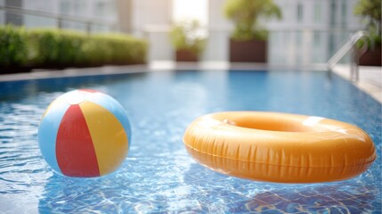 Colorful beach ball and bright orange float rest in a sparkling blue pool, capturing the joy of summer afternoons by the water. Perfect for relaxation and play