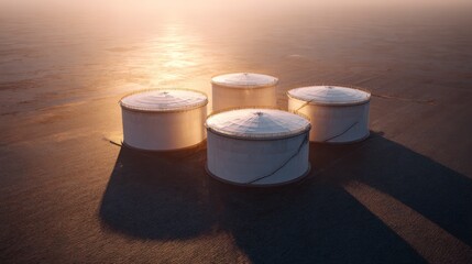Industrial Tanks at Dusk: Four industrial tanks stand in serene rows against the vast open space, bathed in the soft glow of the setting sun, creating a picture of industry, resource management.