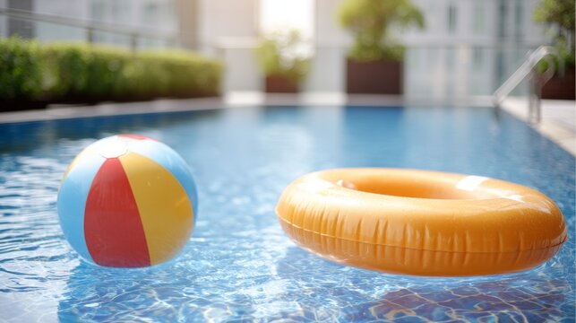 Colorful beach ball and bright orange float rest in a sparkling blue pool, capturing the joy of summer afternoons by the water. Perfect for relaxation and play