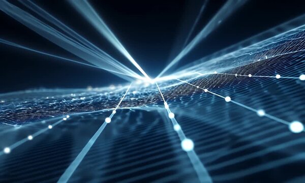 Abstract digital network grid with glowing nodes and light streaks creating a sense of futuristic data flow and connectivity in deep blue tones - Powered by Adobe
