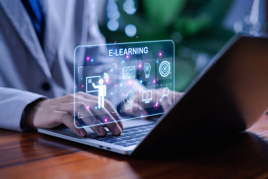 Man with virtual screen Online Education Concept Choose the correct answer Online Digital Technology Concept Online Learning Training Course Digital