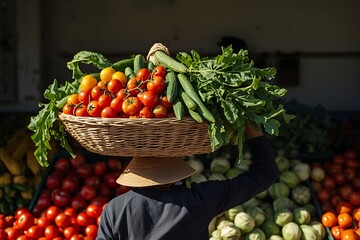Person carrying basket of fresh vegetables on head at market