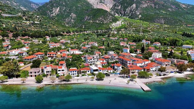 Aerial Drone View of Paralia Sergoulas on the Gulf of Corinth, Delphi Riviera, in Spring