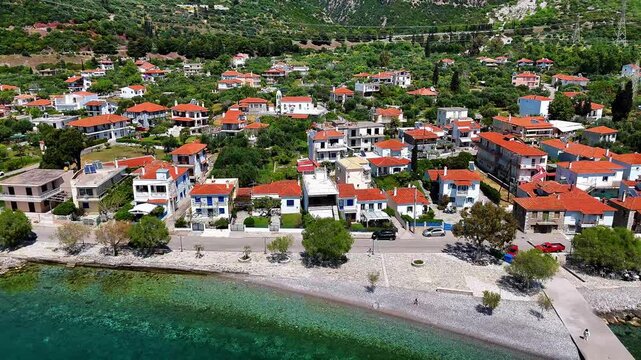 Aerial Drone View of Paralia Sergoulas on the Gulf of Corinth, Delphi Riviera, in Spring