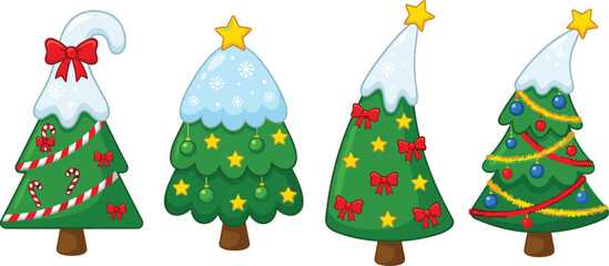 Cute Cartoon Christmas Trees Set, Decorated with Snow, Ornaments, Stars, Candy Canes, and Ribbons, Festive Winter Holiday Clip Art Collection Vector Illustration