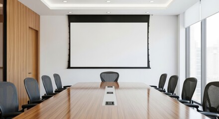 Empty modern conference room with wooden table and projector screen. Clean professional office interior for business meeting, presentation.